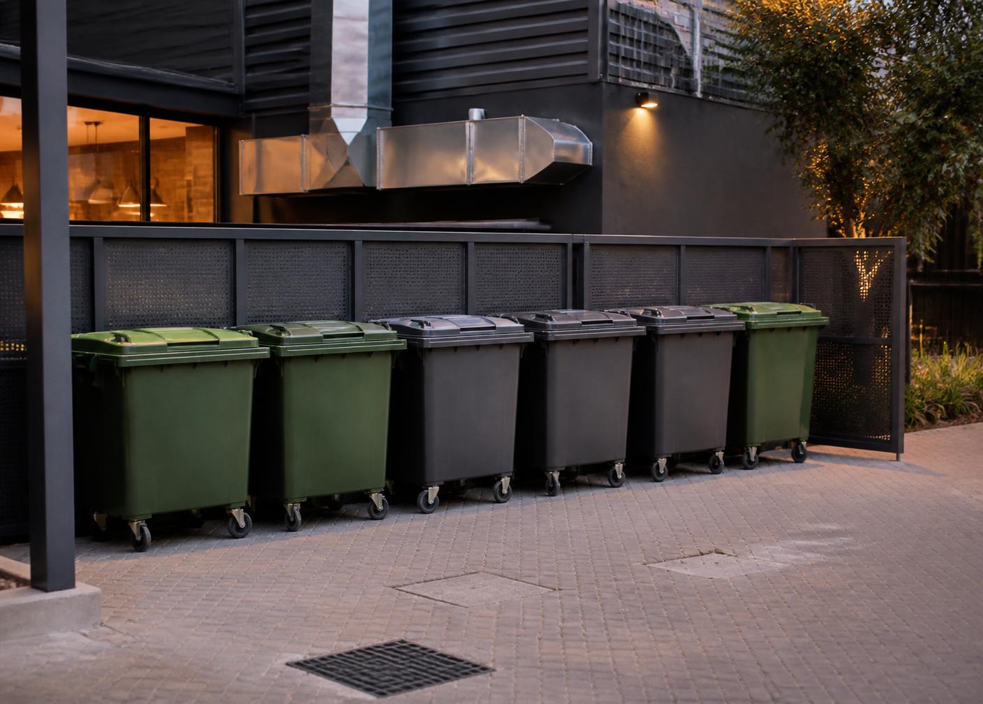 Green and dark commercial recycling bins lined up at a restaurant or office in Gauteng